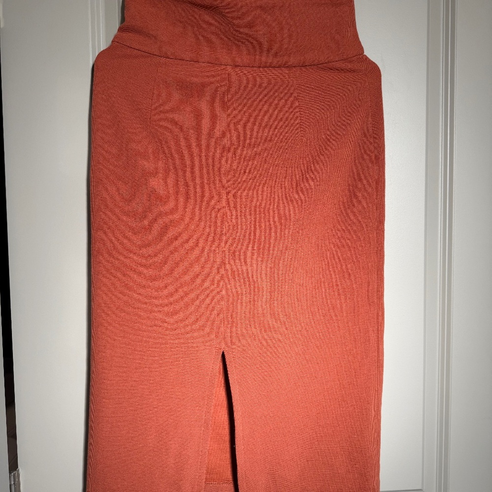 Nano Universe Ribbed Knit Midi Skirt | Rust Orange | Front Slit | Size S